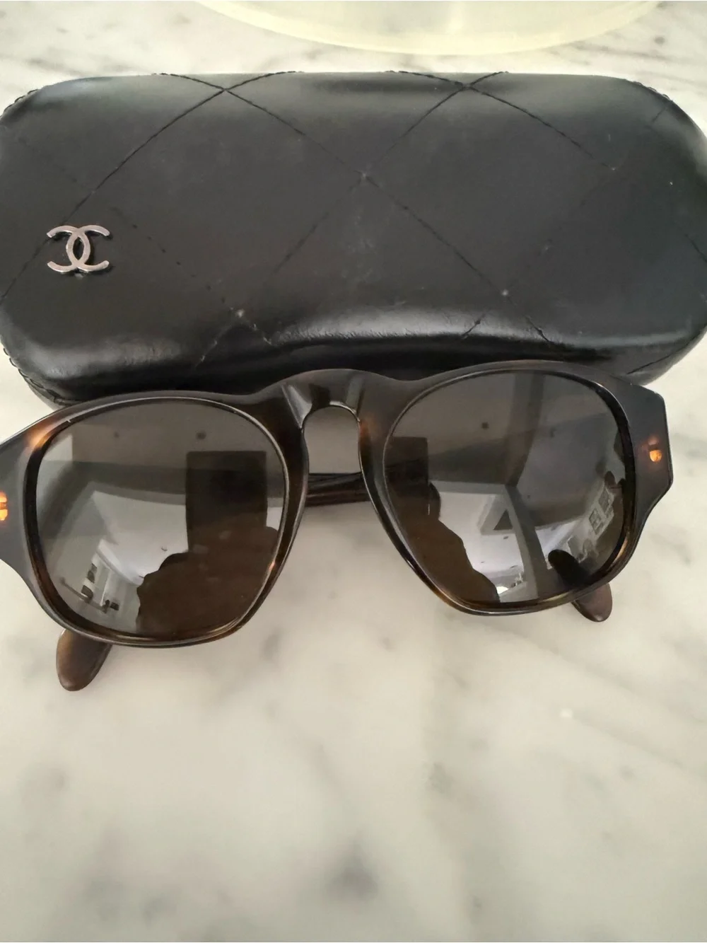 Vintage CHANEL Brown Tortoiseshell Sunglasses with Quilted Black CC Case